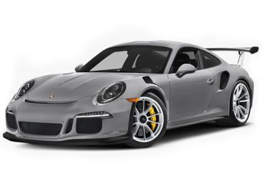 A close-up of a grey Porsche against a white background.