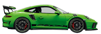 A full shot of a green customized car against a white background.