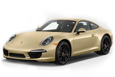 A close-up of a gold Porsche against a white background